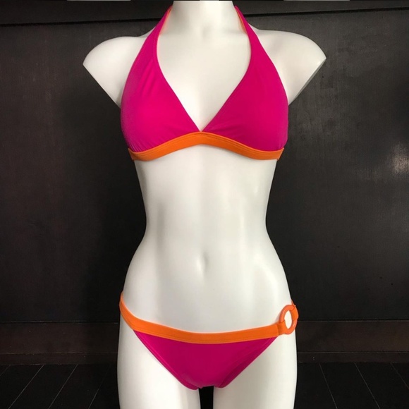 Billabong BLUE CRUSH era Vintage bikini solid Orange & Pink halter heart RARE - Picture 3 of 10